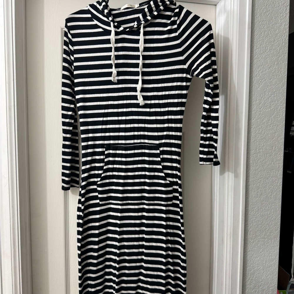 Black and White Striped Hoodie Dress